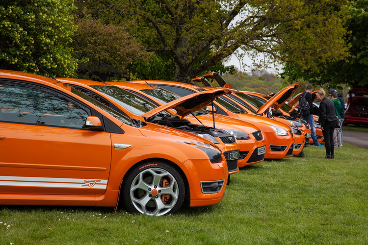 一整排亮橘色Focus ST在氣勢上就先勝一截