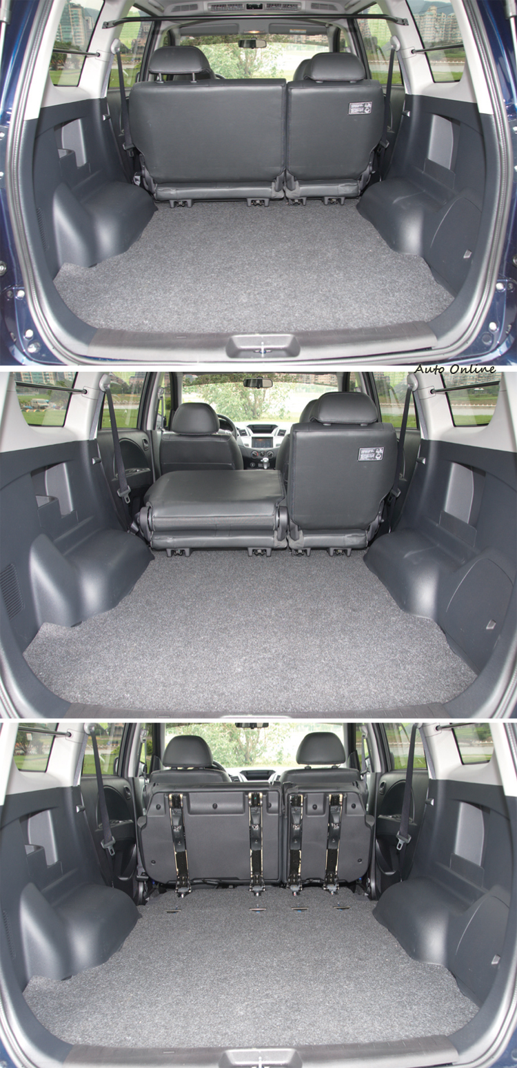 座椅具有多種變化功能,前、後排座椅背皆可向後躺平,後座椅背可向前放平或整張座椅直接向前翻折,依照載客載物需求做適當的調整。