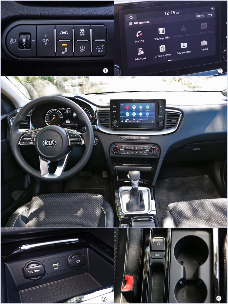 (1)左下方設置了車輛安全及控制功能,按鍵造型及裝飾都不馬虎。(2)8吋全彩觸控螢幕支援手機連結,但可惜選單沒有中文化。(3)車內提供多座供電插槽,作為行動裝置或電器充電與電力來源。(4)電子手煞車讓鞍座空間利用率更好,雜物不怕無容身之地。