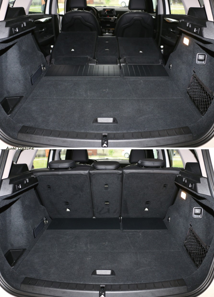 相當寬敞平整的後廂空間,可電動控制後椅背進行4/2/4的傾倒。