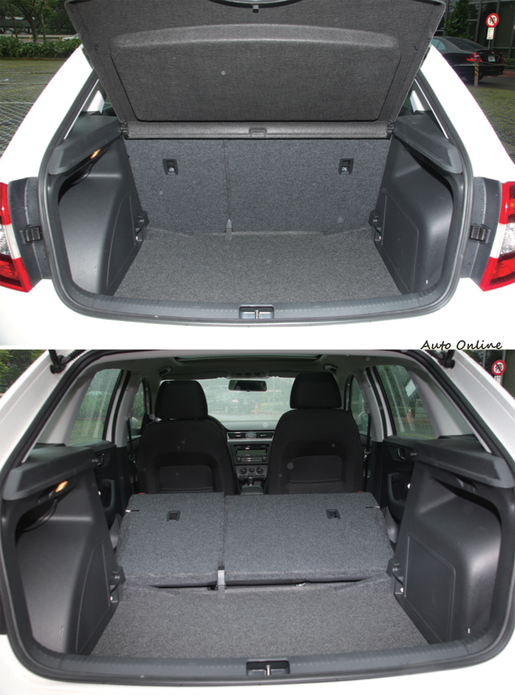 行李廂空間在一般狀態與後座傾倒狀態下的容積分別為為384與1349公升,AUDI A3 Sportback後座傾倒後則為1220公升。