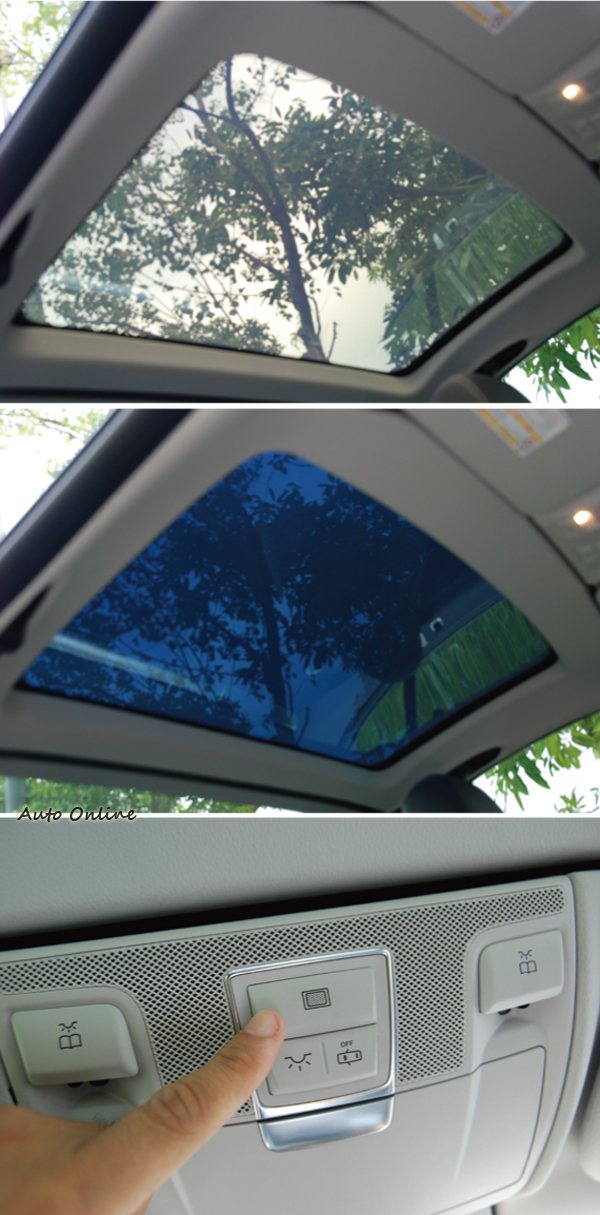 可變採光玻璃按個鍵就能讓硬頂上的車頂玻璃變色,對於阻隔熱能也很有幫助。