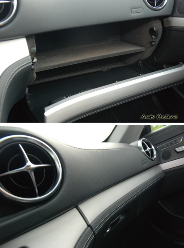 皮革縫製的內裝,以及十字星茫冷氣出風口。手套箱的深度不足,造成它的容納容積較小。