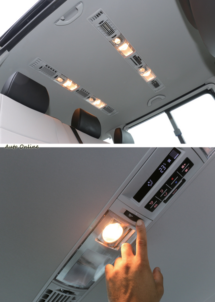 後兩排乘客艙頂蓬都設置了獨立空調出風口、照明燈和閱讀燈。