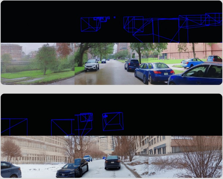 GM的世界模型無需使用雪景影像進行訓練即可產生全新的場景，例如雪景。