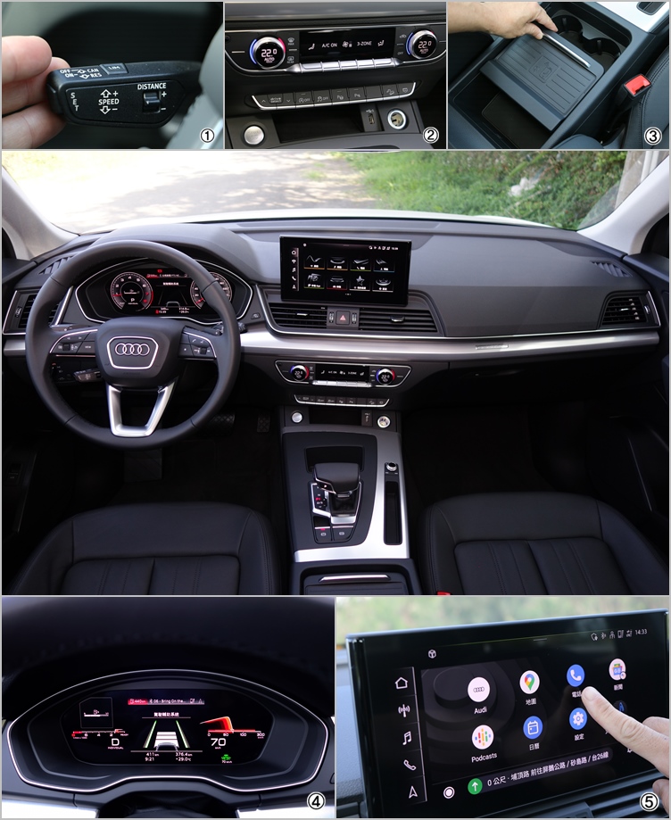 (1)ACC、限速與車道維持功能的開關及調整是透過左方拉桿進行操作。(2)中控台面板設計維持不變,常用的行車輔助及駕駛模式切換控制都保留了實體按鍵。(3)無線充電座所在位置是在中央扶手前端,而且可以前後滑移,兼顧了置物與使用的便利。(4)全數位虛擬座艙除了標準雙環模式,還新增兩種顯示風格。(5)多媒體導航系統觸控方式更直覺,支援無線AppleCaplay及有線Android Auto連線功能。