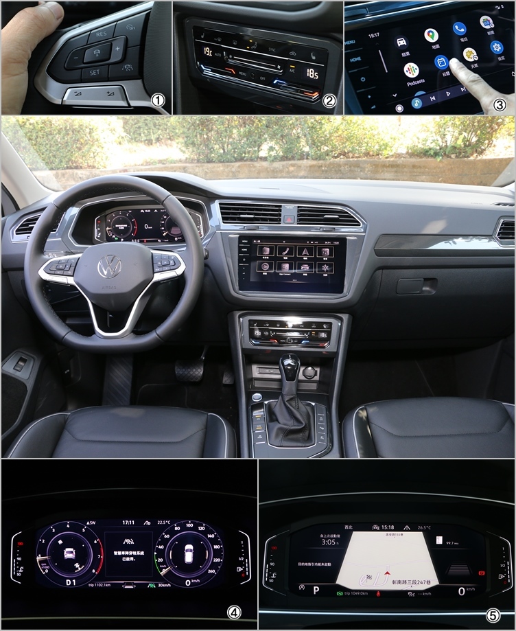 (1)智慧穿梭系統透過方向盤上的按鍵,整合多項主動駕駛輔助功能。(2)中控面板改用觸控方式調整,看似新奇卻也因此必須低頭才能操作。(3)MIB 3軟硬體同步升級,並已支援無線Apple Carplay及有線Android Auto連結。(4)10.25吋數位化儀錶提供更豐富的車輛資訊,大幅提升座艙科技氛圍。(5)這套數位儀錶可切換多種顯示模式,導航畫面當然也能投射其中。