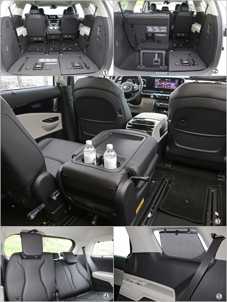 (1)+(2)第三排座椅可容納三人,採分離椅背設計,必要時可收進地板下方。(3)第二排中央椅背設有杯座,翻折後就成了簡易桌面平台。(4)第三排座椅同樣可調整椅背角度,全車頭枕都可調整,並配置三點式安全帶。(5)後排提供專屬扶手和杯座,同時還配備隱私遮陽簾。