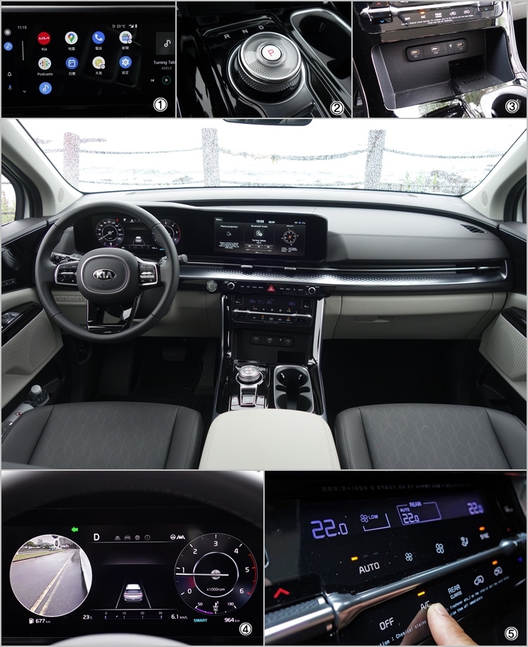 (1)高階12.3吋多媒體影音觸控系統支援Android Auto和Apple Carplay,不過只能以數據線連接使用,反而在低階8吋機種已支援無線連線功能。(2)電子旋鈕換檔裝置不只作工精美,8速手自排的換檔品質也相當優異。(3)除了具備無線充電座,還提供了多組USB充電孔讓行動裝置使用。(4)數位儀錶會在使用方向燈時,會自動顯示轉向側的後方影像,藉以減少視覺死角可能造成的危險。(5)中控台的音響以及空調面板,都是採用觸控式操作設計。