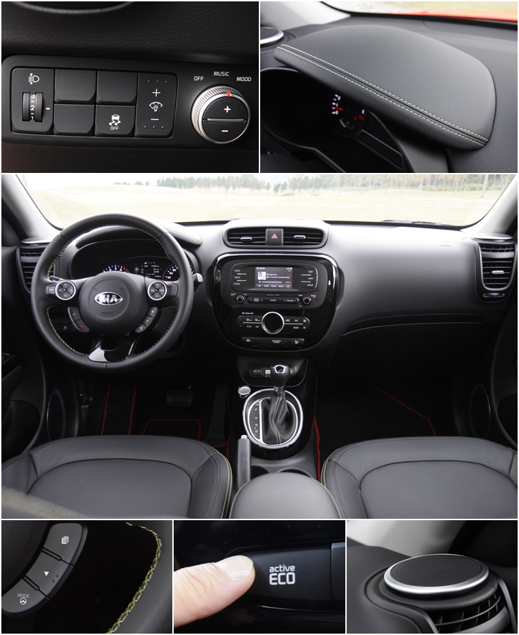 車內特別設置了能夠隨著音樂律動變色的氣氛燈,還能改變發光模式。車內大量使用軟性皮質,也有助提昇車艙的質感。方向盤和皮椅都加上黃色縫線,圓形的概念也隨處可見。ECO節能功能會改變動力模式,油耗表現也會更好。結合在空調出風口的高音喇叭造型相當特別,不過別預期它會升起。