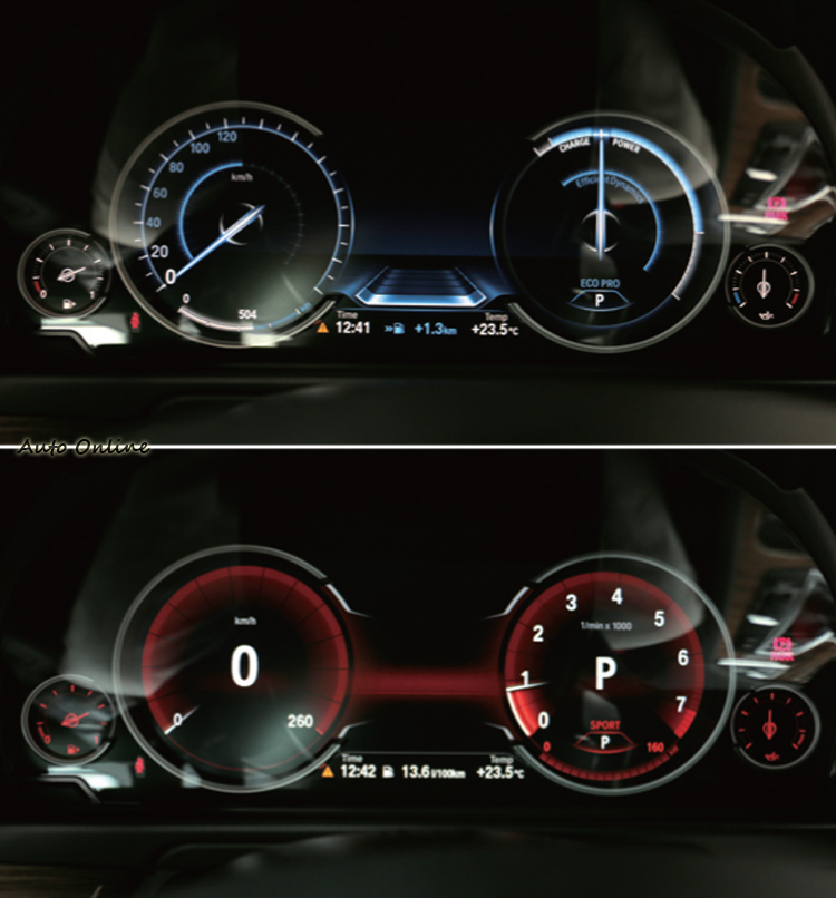 駛者前方傳統指針儀表板被10.25吋多重行車模式儀表板取代,不同行車模式有不同呈現方式。(520i Touring為選配)