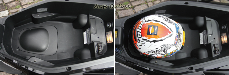 寬敞的置物空間,若放進全罩的X802會稍微壓到一些些才能關坐墊。