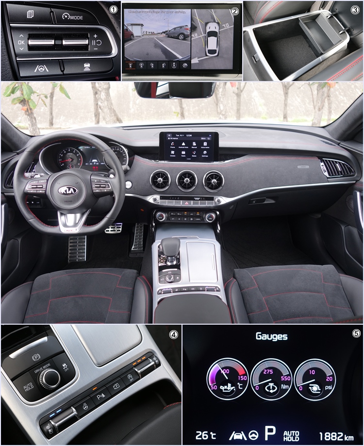(1)方向盤上的駕駛輔助控制鍵設計就手,皮面包覆也相當高檔。(2)SVM環景輔助系統在停車時提供了精準直覺的車輛定位。(3)定位為高級車的Stinger,車內多處儲物空間都設置了減噪處理的隔層或植絨。(4)方向盤加熱和座椅通風、加熱功能都是這款車的標準配備。(5)儀錶內提供了油溫、扭力和增壓值的數位錶盤供參考。